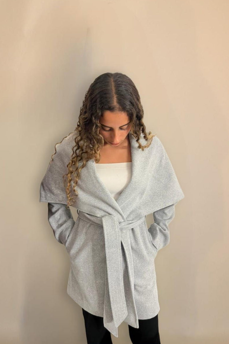 The wrap coat in grey