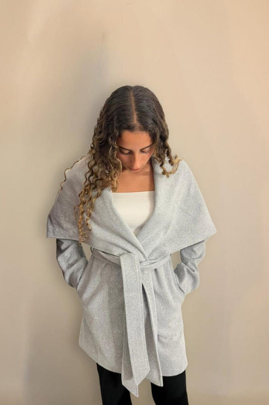 The wrap coat in grey